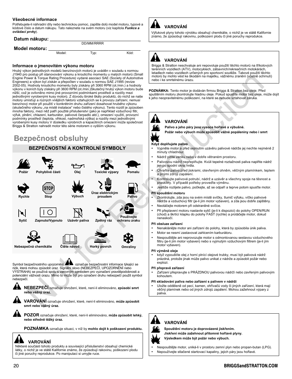 Not for reproduction, Bezpeènost obsluhy | Briggs & Stratton 400000 User Manual | Page 20 / 92