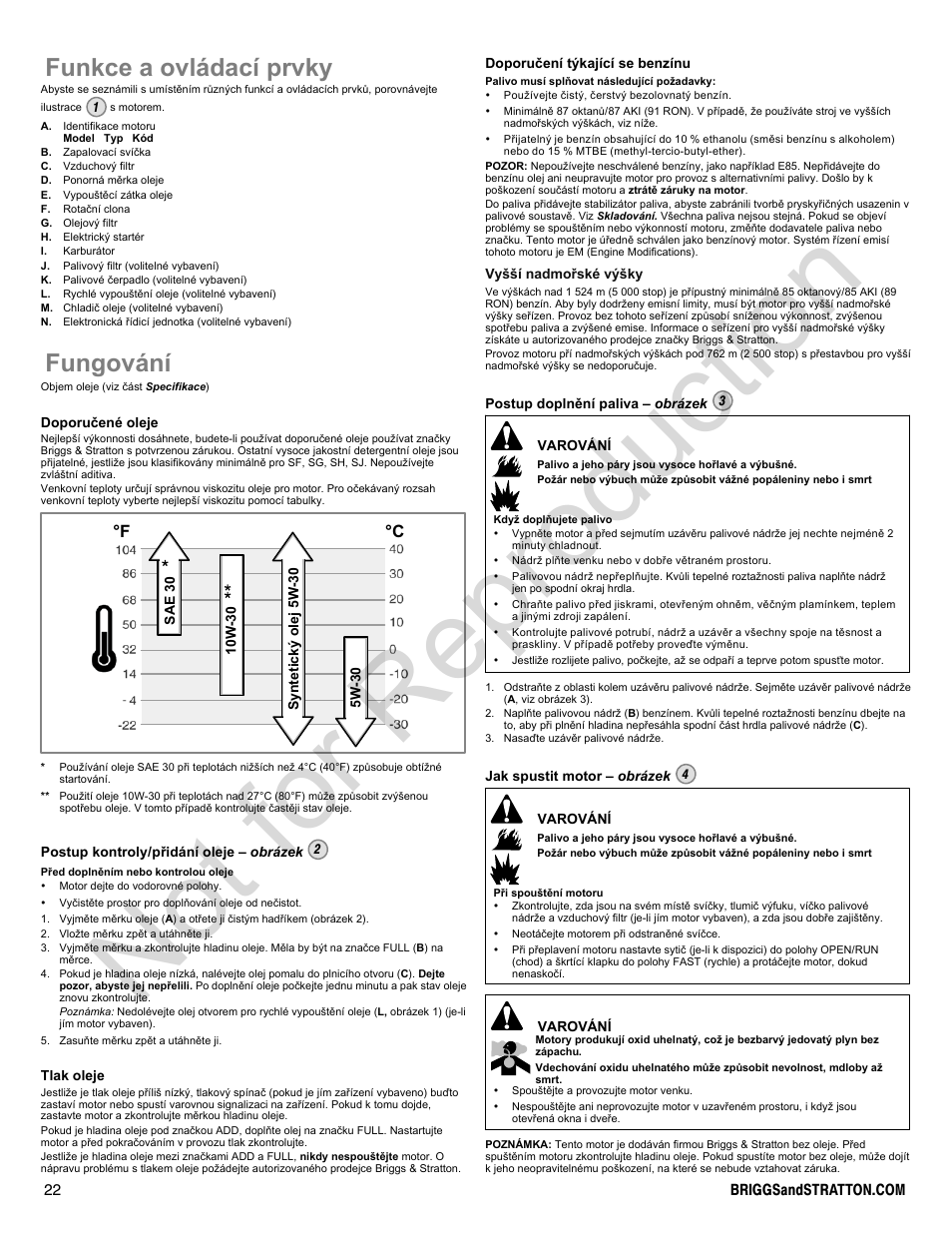 Not for reproduction, Funkce a ovládací prvky, Fungování | F °c | Briggs & Stratton 400000 User Manual | Page 22 / 92