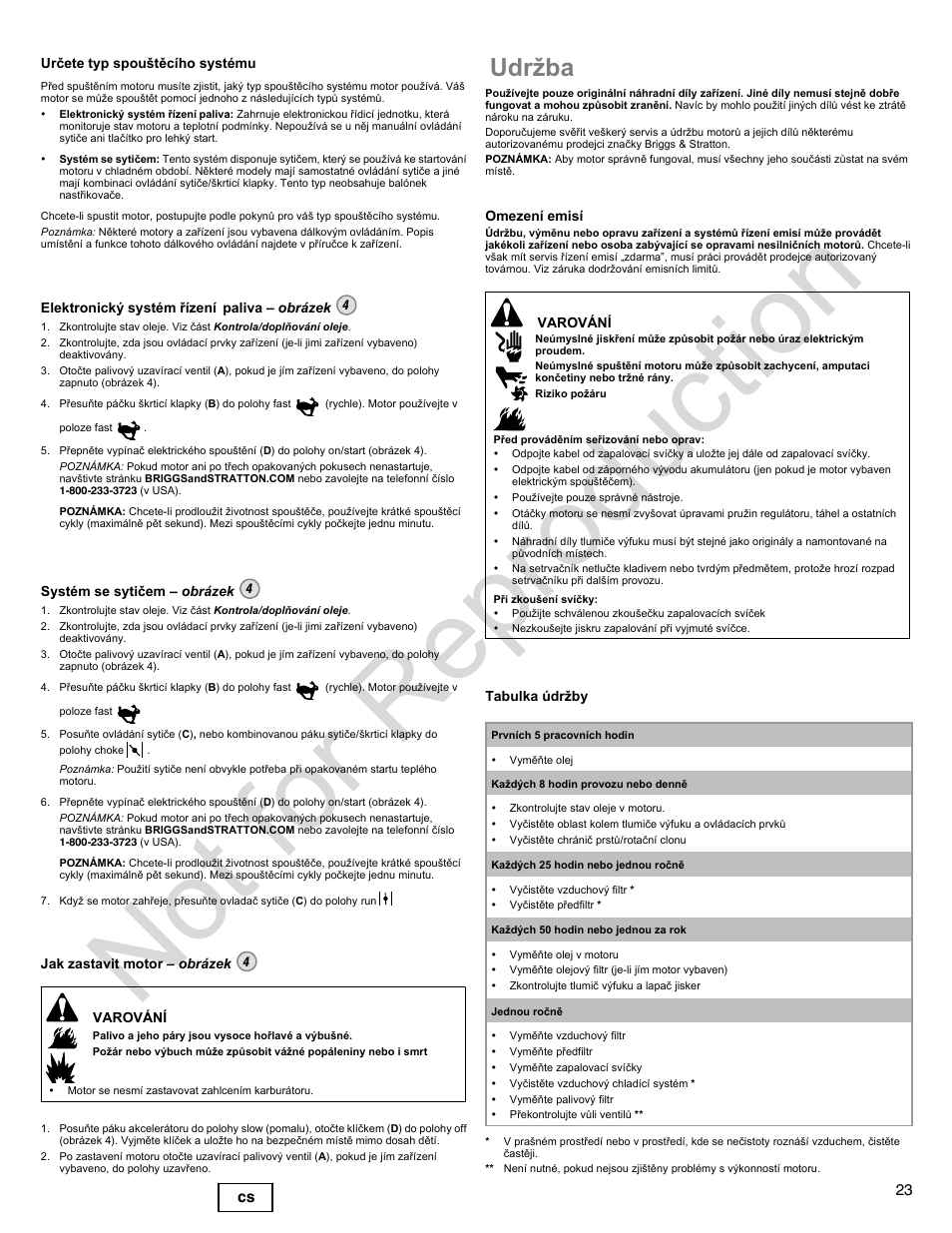 Not for reproduction, Údržba, 23 cs | Briggs & Stratton 400000 User Manual | Page 23 / 92
