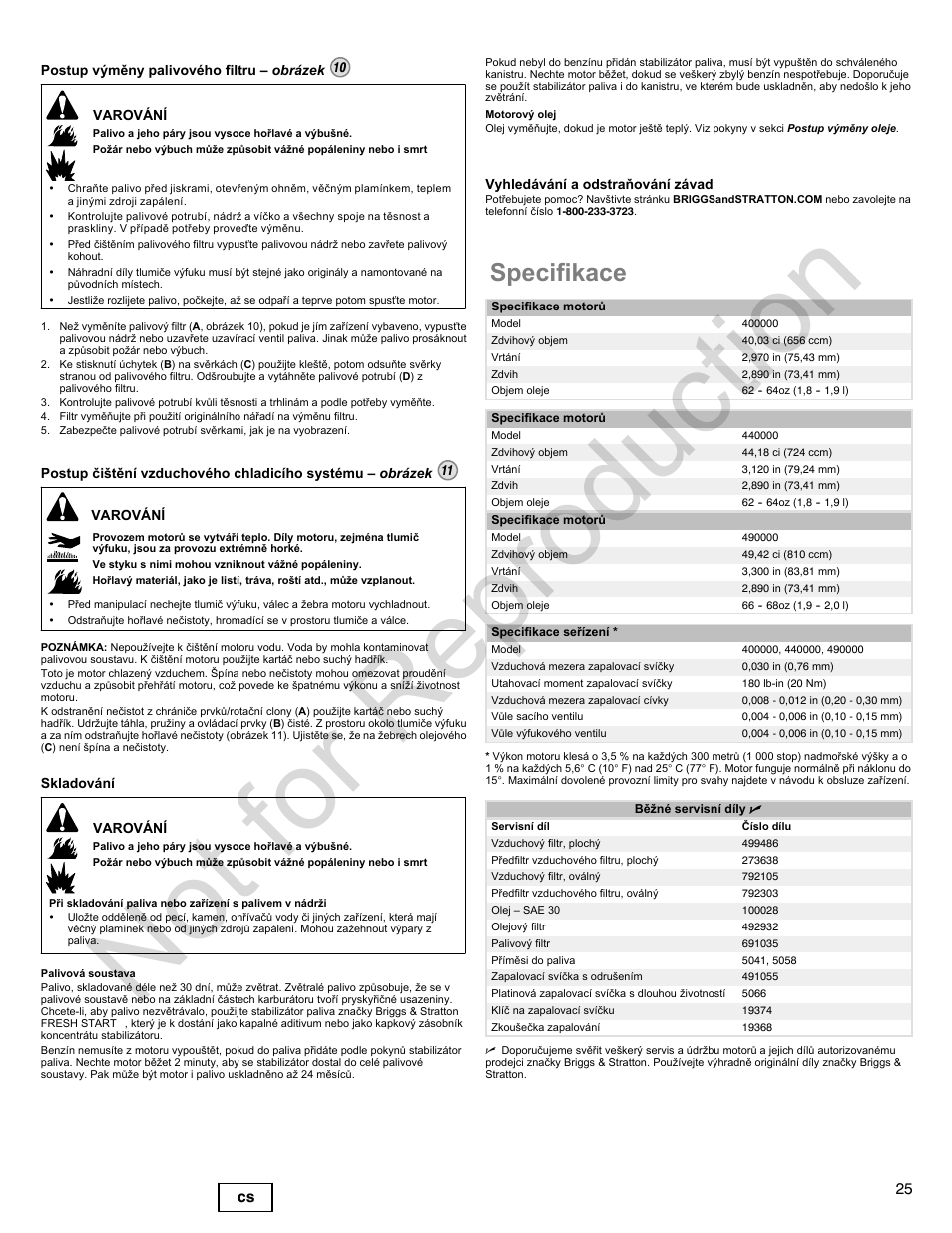 Not for reproduction, Specifikace, 25 cs | Briggs & Stratton 400000 User Manual | Page 25 / 92