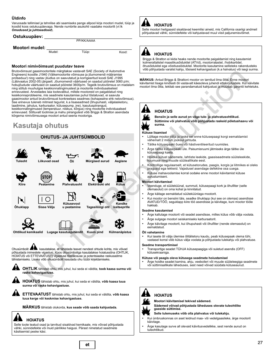 Not for reproduction, Kasutaja ohutus, 27 et | Ostukuupäev: mootori mudel, Ohutus- ja juhtsümbolid | Briggs & Stratton 400000 User Manual | Page 27 / 92