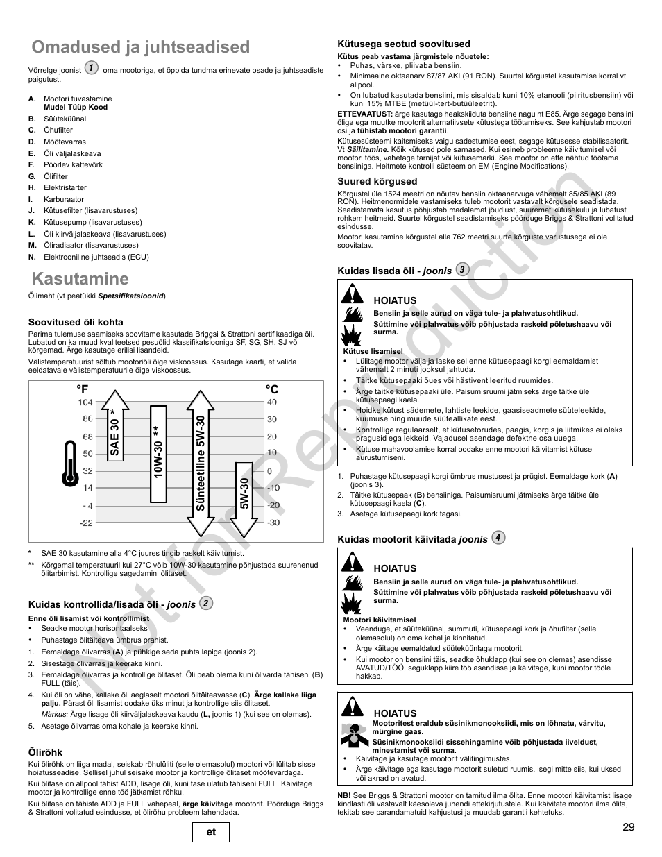 Not for reproduction, Omadused ja juhtseadised, Kasutamine | F °c | Briggs & Stratton 400000 User Manual | Page 29 / 92
