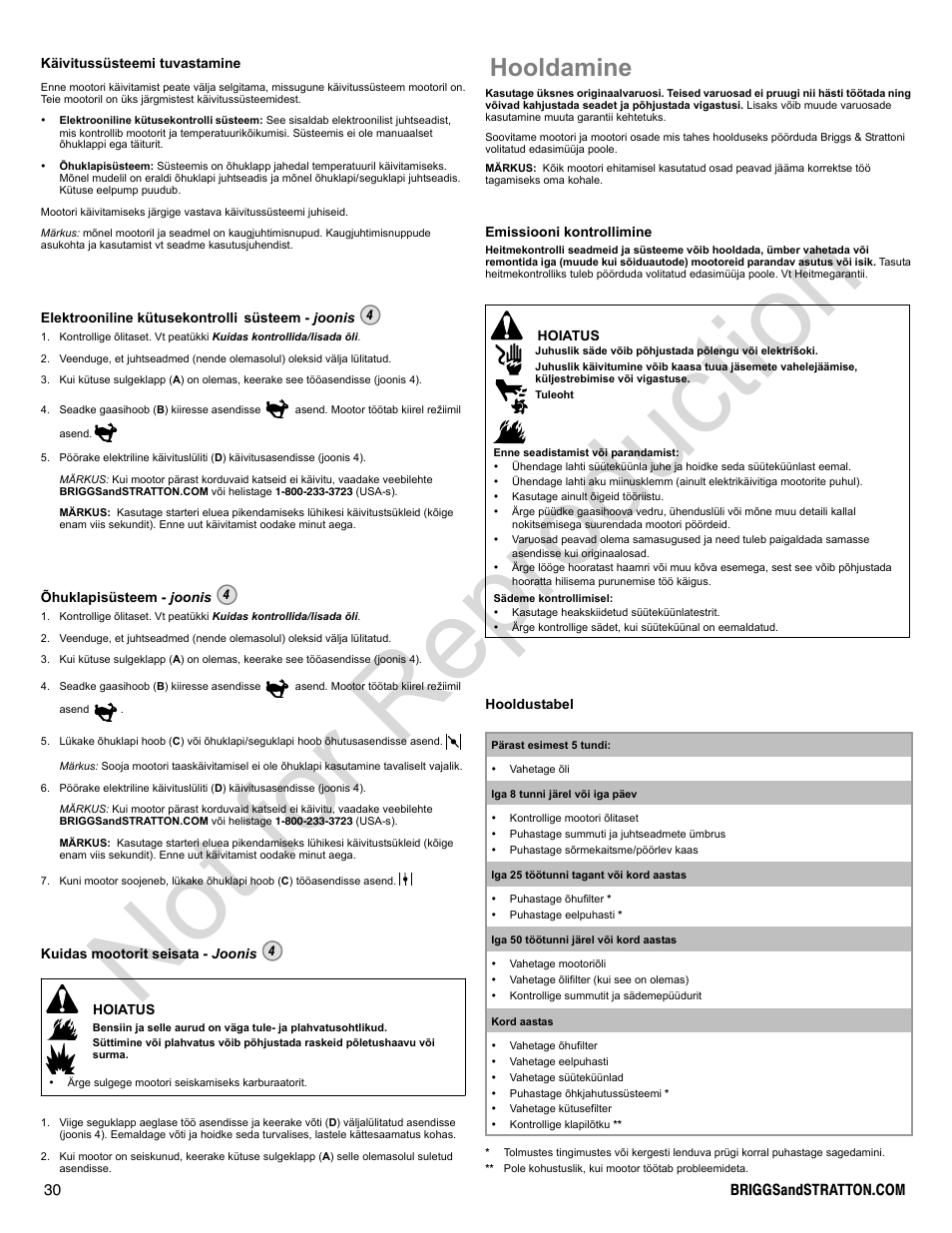 Not for reproduction, Hooldamine | Briggs & Stratton 400000 User Manual | Page 30 / 92
