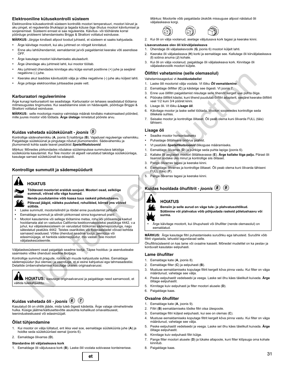 Not for reproduction, 31 et | Briggs & Stratton 400000 User Manual | Page 31 / 92