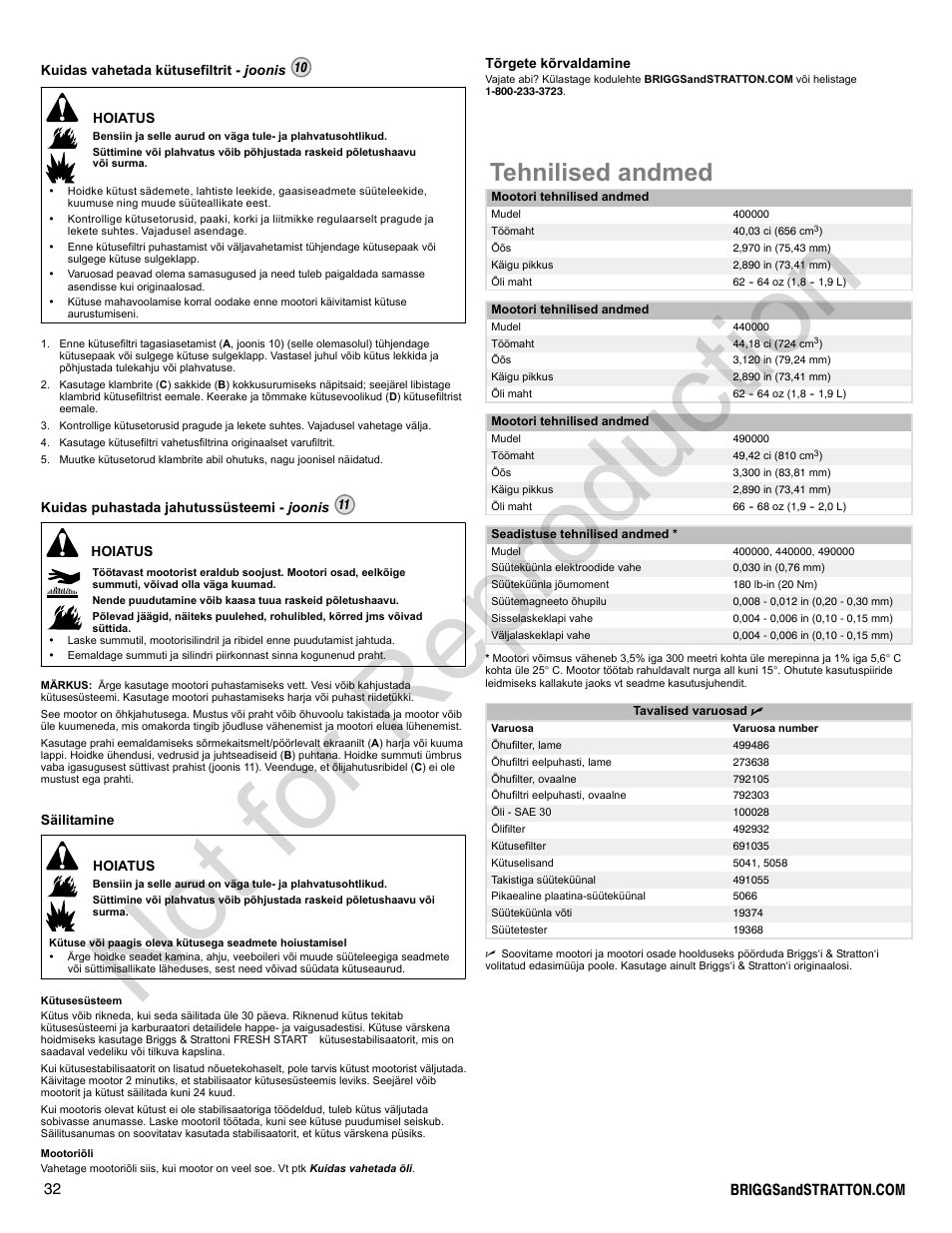 Not for reproduction, Tehnilised andmed | Briggs & Stratton 400000 User Manual | Page 32 / 92