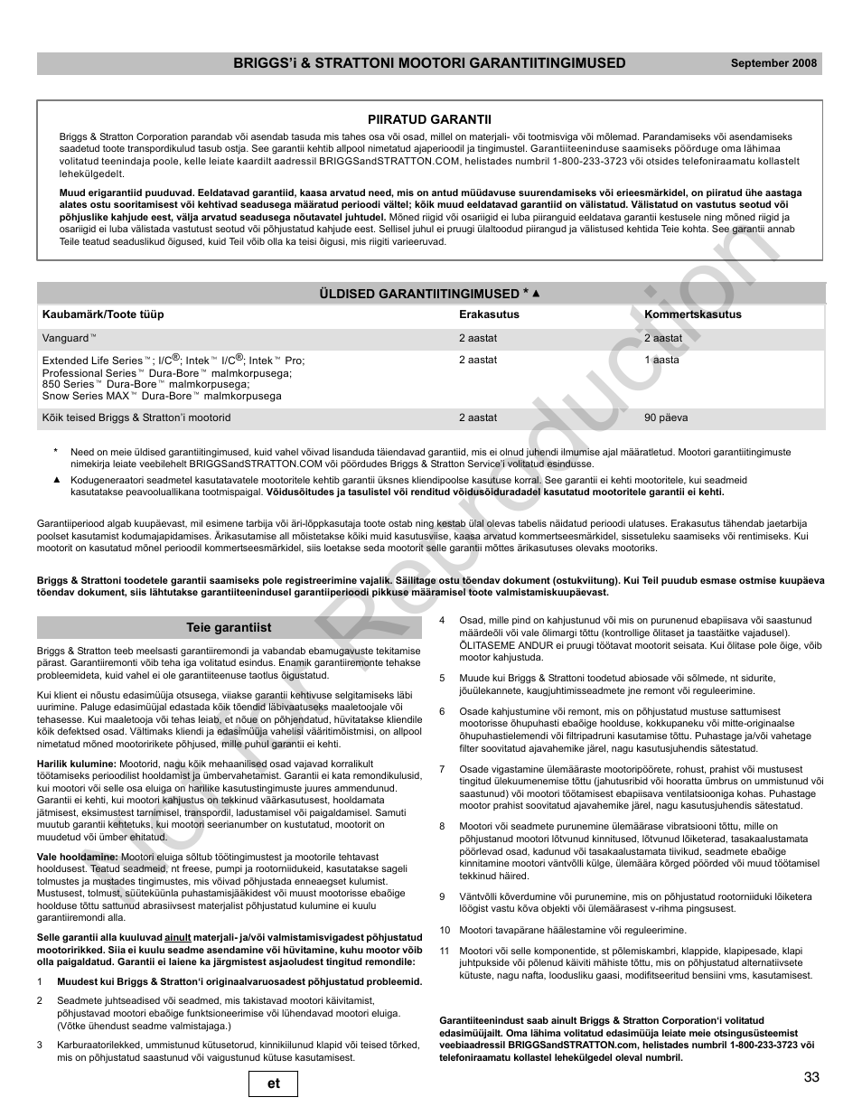 Not for reproduction | Briggs & Stratton 400000 User Manual | Page 33 / 92