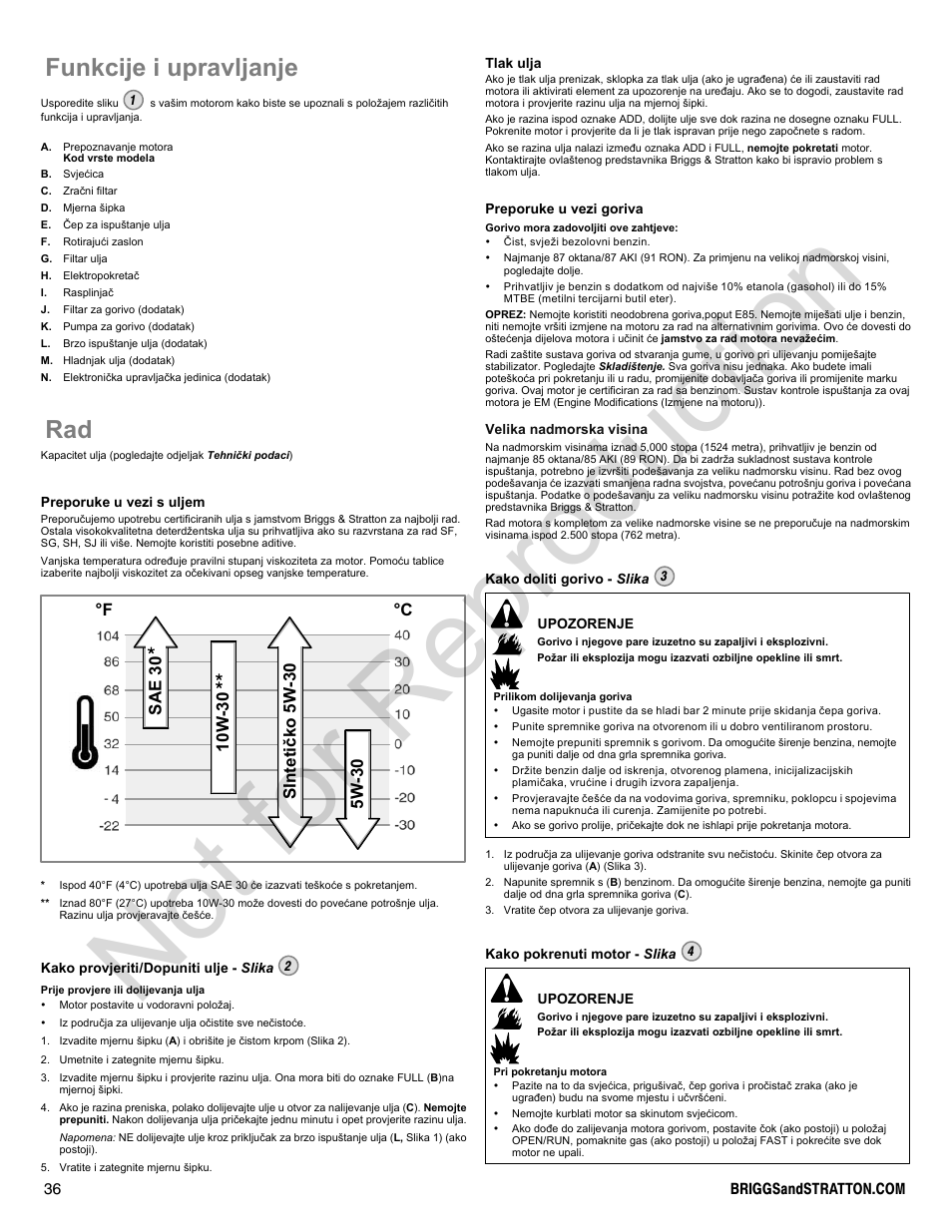Not for reproduction, Funkcije i upravljanje | Briggs & Stratton 400000 User Manual | Page 36 / 92