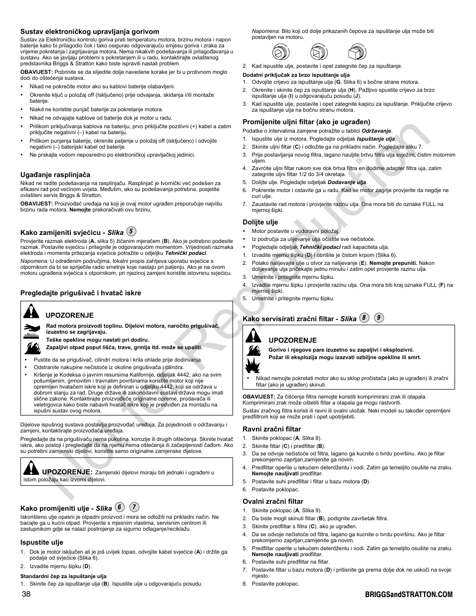Not for reproduction | Briggs & Stratton 400000 User Manual | Page 38 / 92