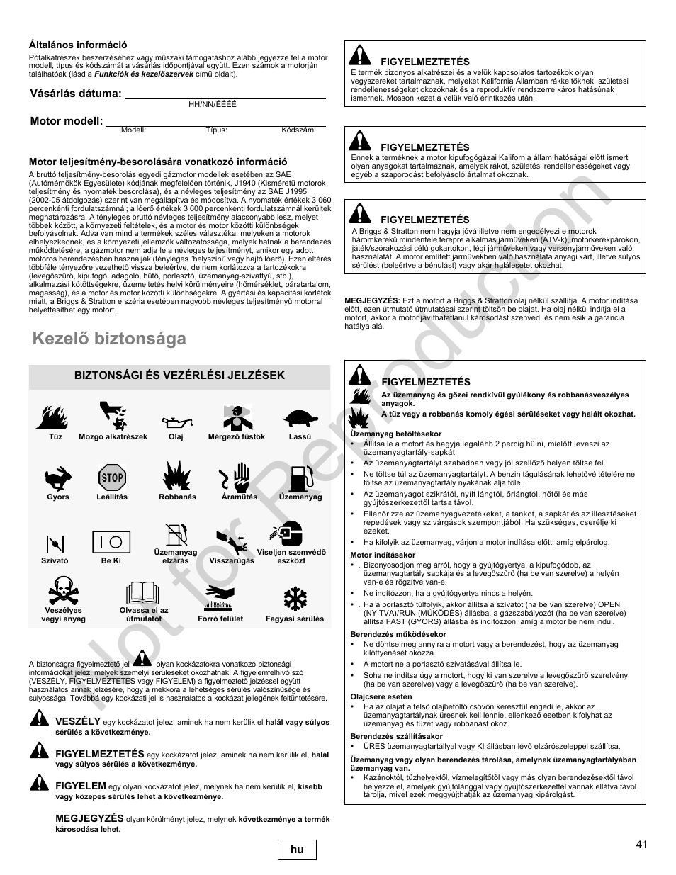 Not for reproduction, Kezelõ biztonsága | Briggs & Stratton 400000 User Manual | Page 41 / 92