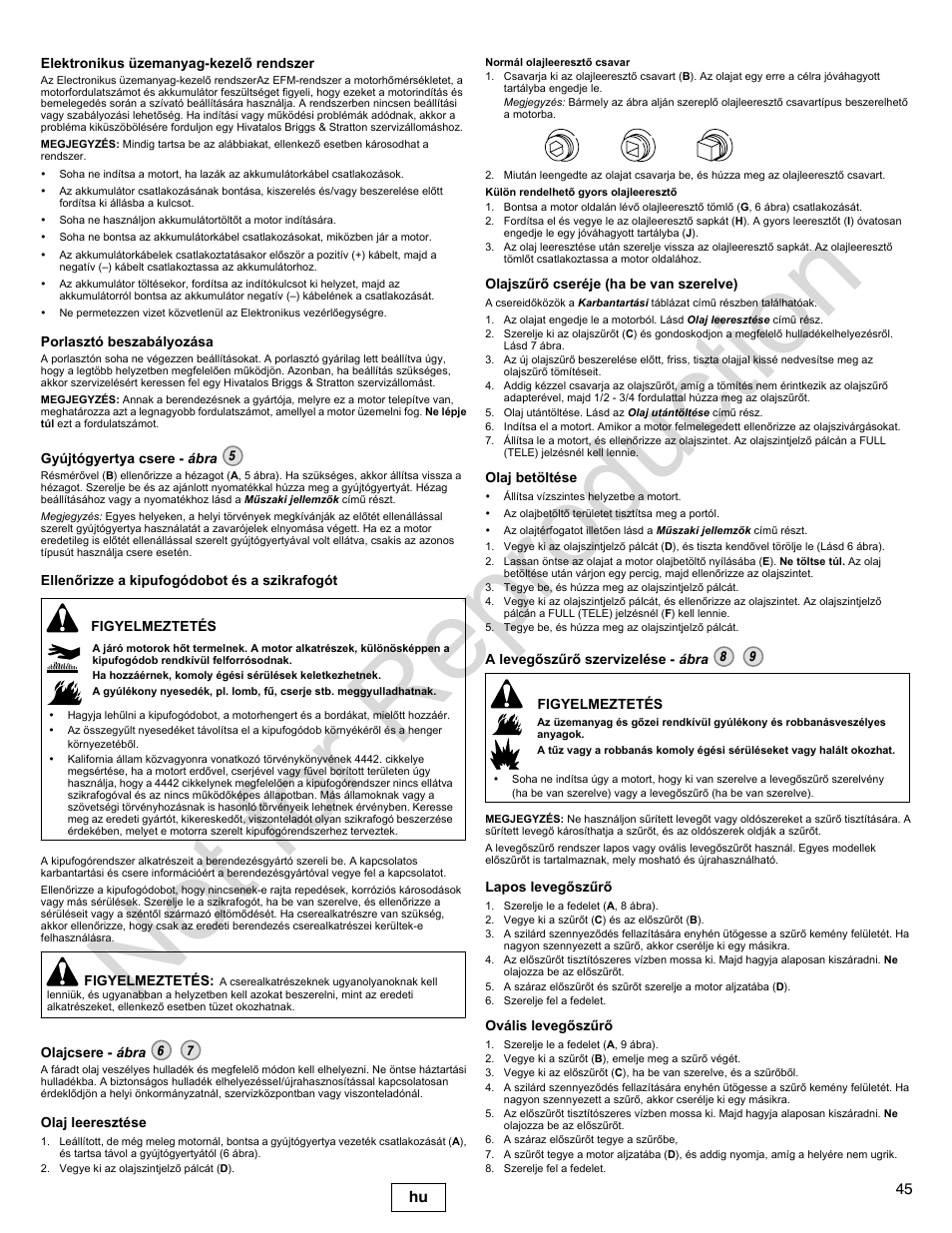 Not for reproduction, 45 hu | Briggs & Stratton 400000 User Manual | Page 45 / 92