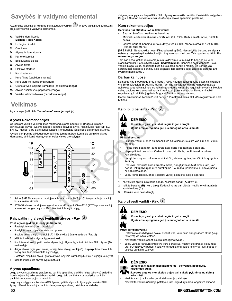 Not for reproduction, Savybės ir valdymo elementai, Veikimas | F °c | Briggs & Stratton 400000 User Manual | Page 50 / 92