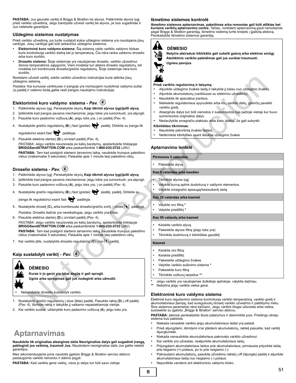 Not for reproduction, Aptarnavimas, 51 lt | Briggs & Stratton 400000 User Manual | Page 51 / 92