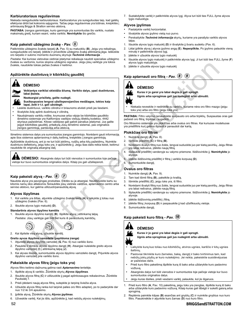 Not for reproduction | Briggs & Stratton 400000 User Manual | Page 52 / 92