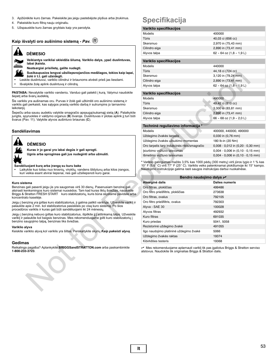 Not for reproduction, Specifikacija, 53 lt | Briggs & Stratton 400000 User Manual | Page 53 / 92