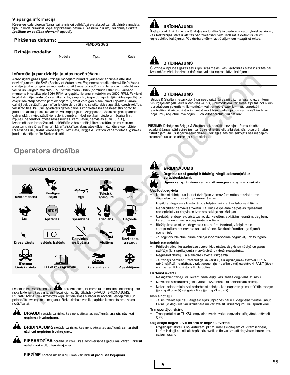 Not for reproduction, Operatora drošība, 55 lv | Pirkšanas datums: dzinēja modelis, Darba drošības un vadības simboli | Briggs & Stratton 400000 User Manual | Page 55 / 92