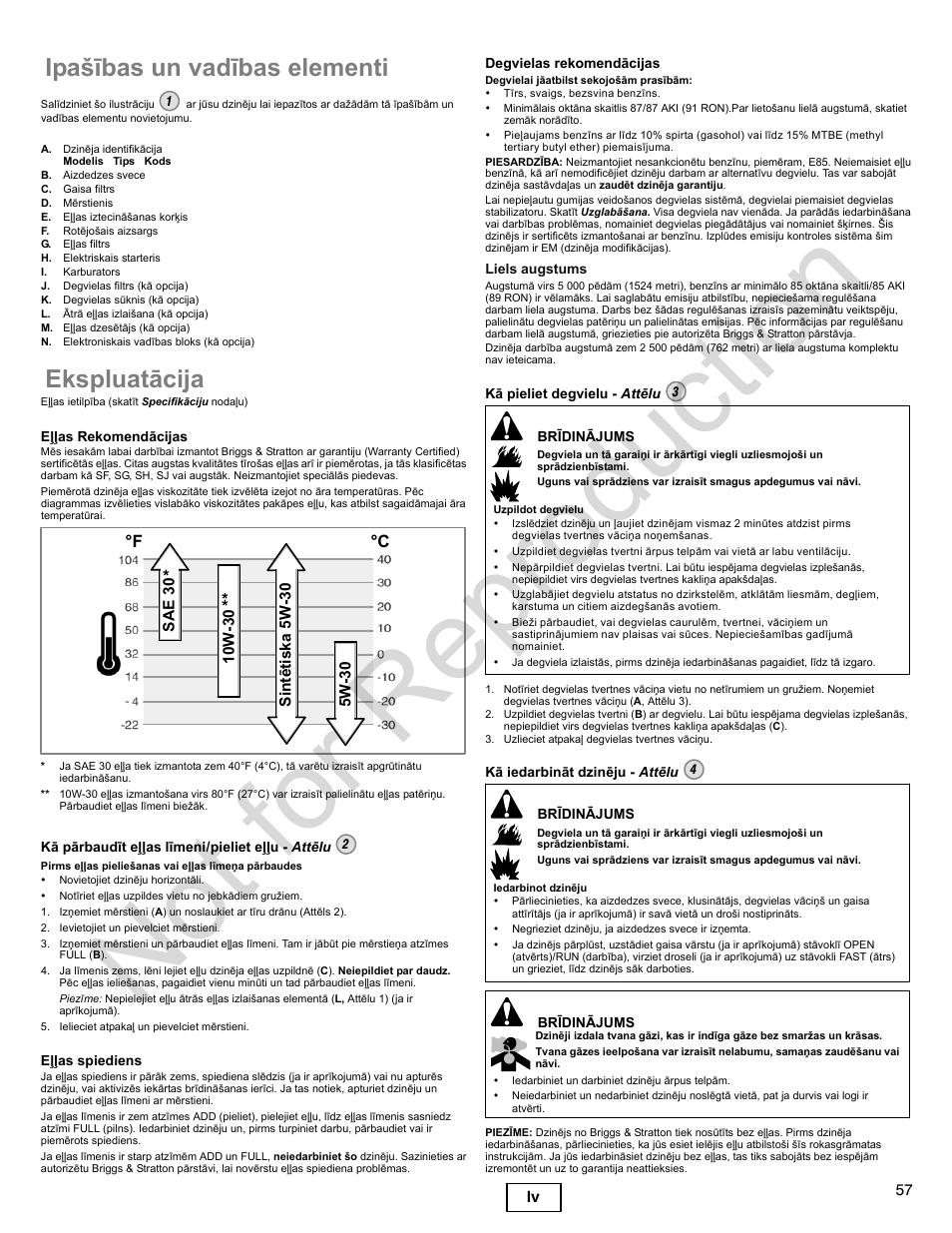 Not for reproduction, Īpašības un vadības elementi, Ekspluatācija | F °c | Briggs & Stratton 400000 User Manual | Page 57 / 92