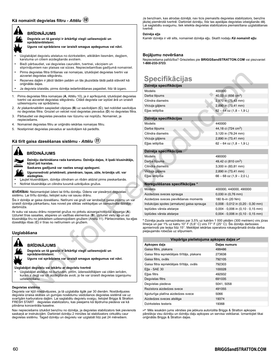 Not for reproduction, Specifikācijas | Briggs & Stratton 400000 User Manual | Page 60 / 92