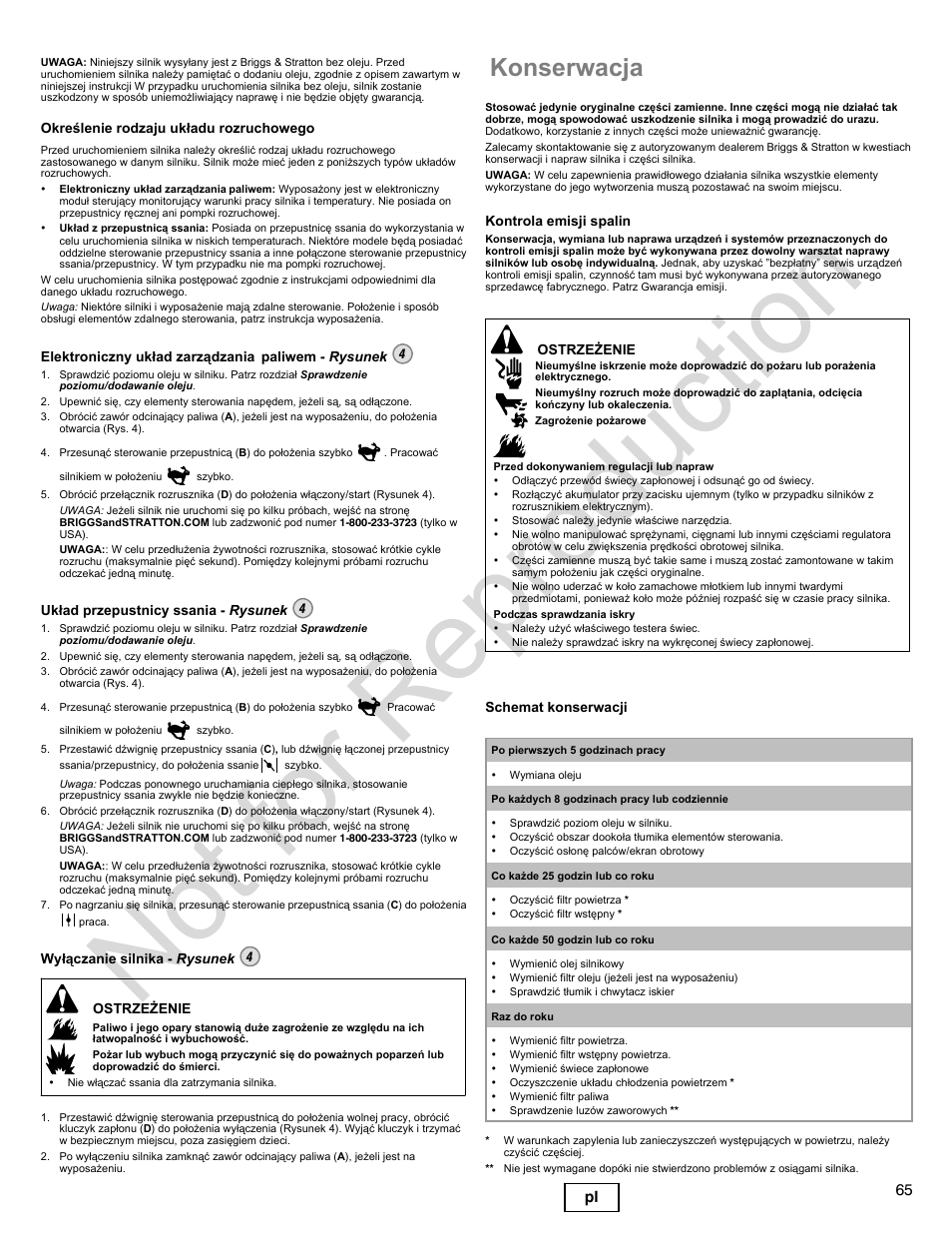 Not for reproduction, Konserwacja, 65 pl | Briggs & Stratton 400000 User Manual | Page 65 / 92