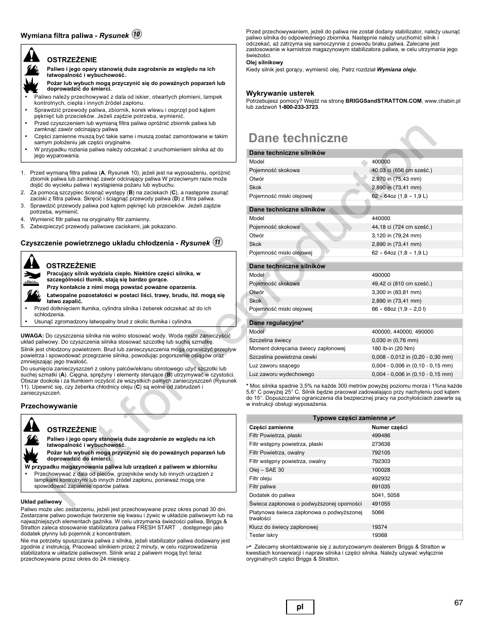 Not for reproduction, Dane techniczne, 67 pl | Briggs & Stratton 400000 User Manual | Page 67 / 92