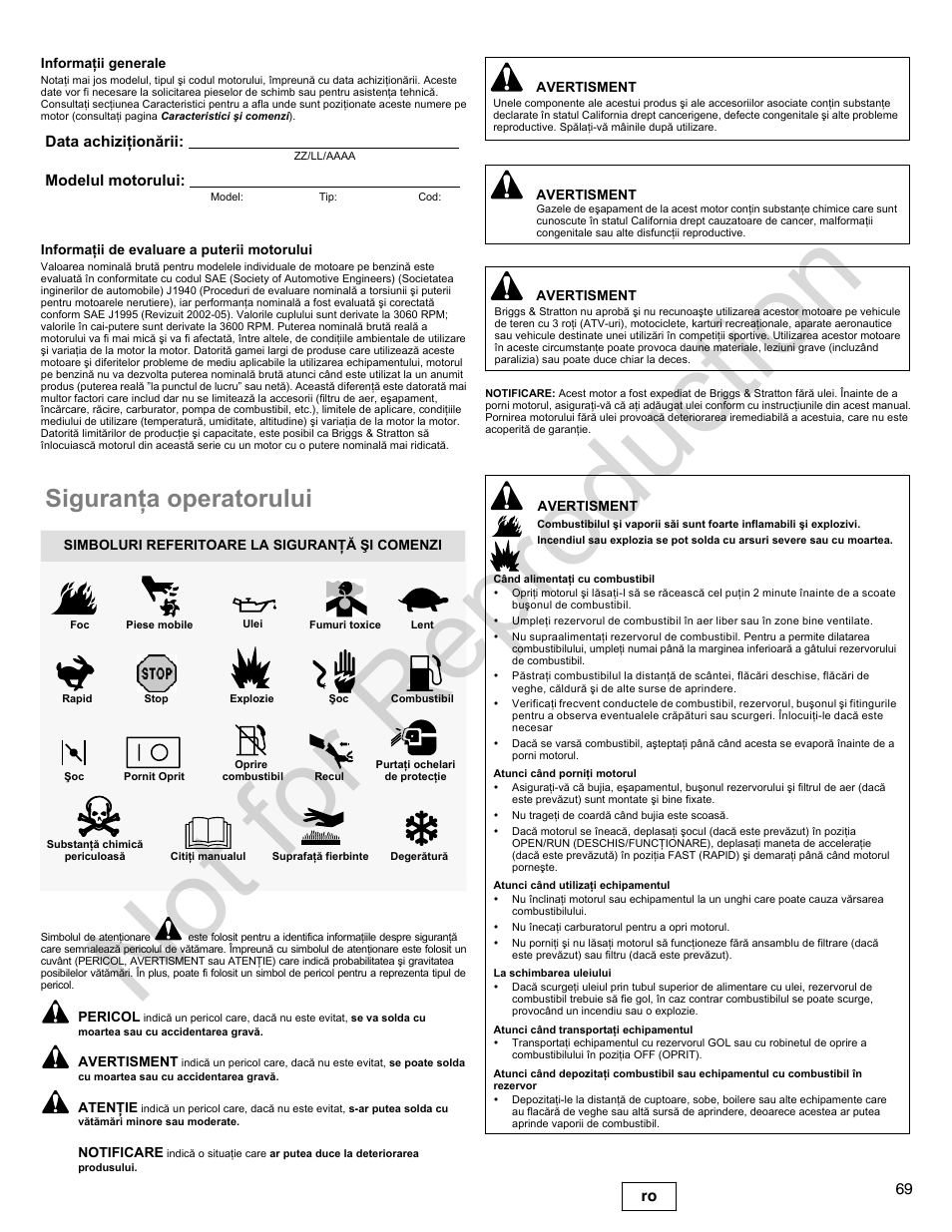 Not for reproduction, Siguranþa operatorului | Briggs & Stratton 400000 User Manual | Page 69 / 92