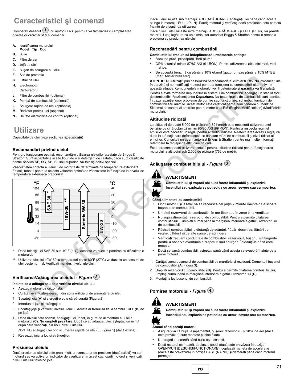 Not for reproduction, Caracteristici ºi comenzi, Utilizare | F °c | Briggs & Stratton 400000 User Manual | Page 71 / 92