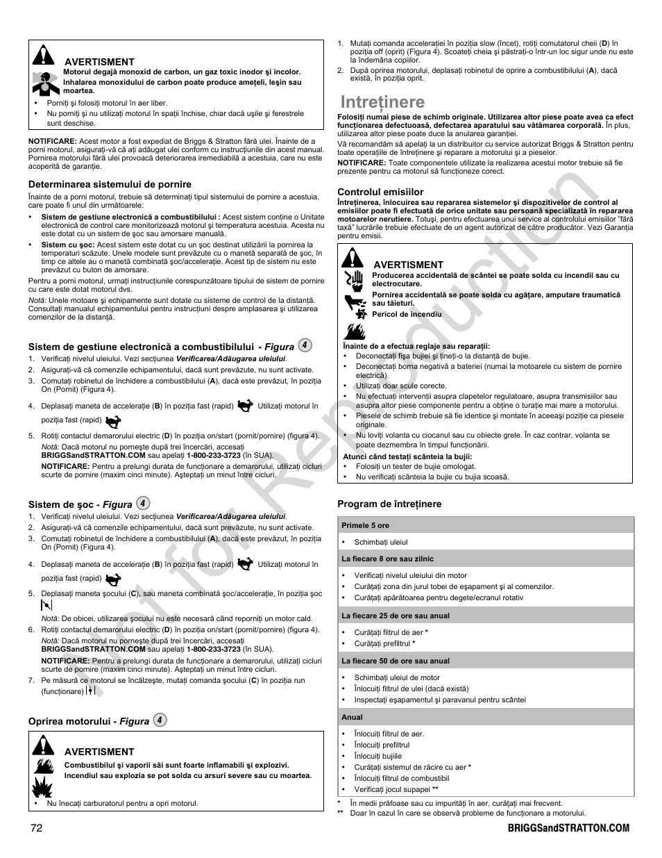 Not for reproduction, Întreþinere | Briggs & Stratton 400000 User Manual | Page 72 / 92