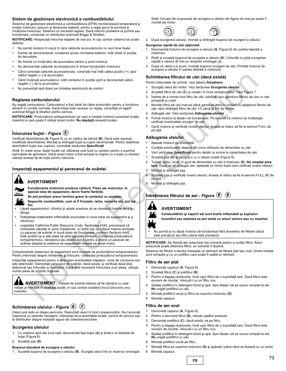 Not for reproduction, 73 ro | Briggs & Stratton 400000 User Manual | Page 73 / 92