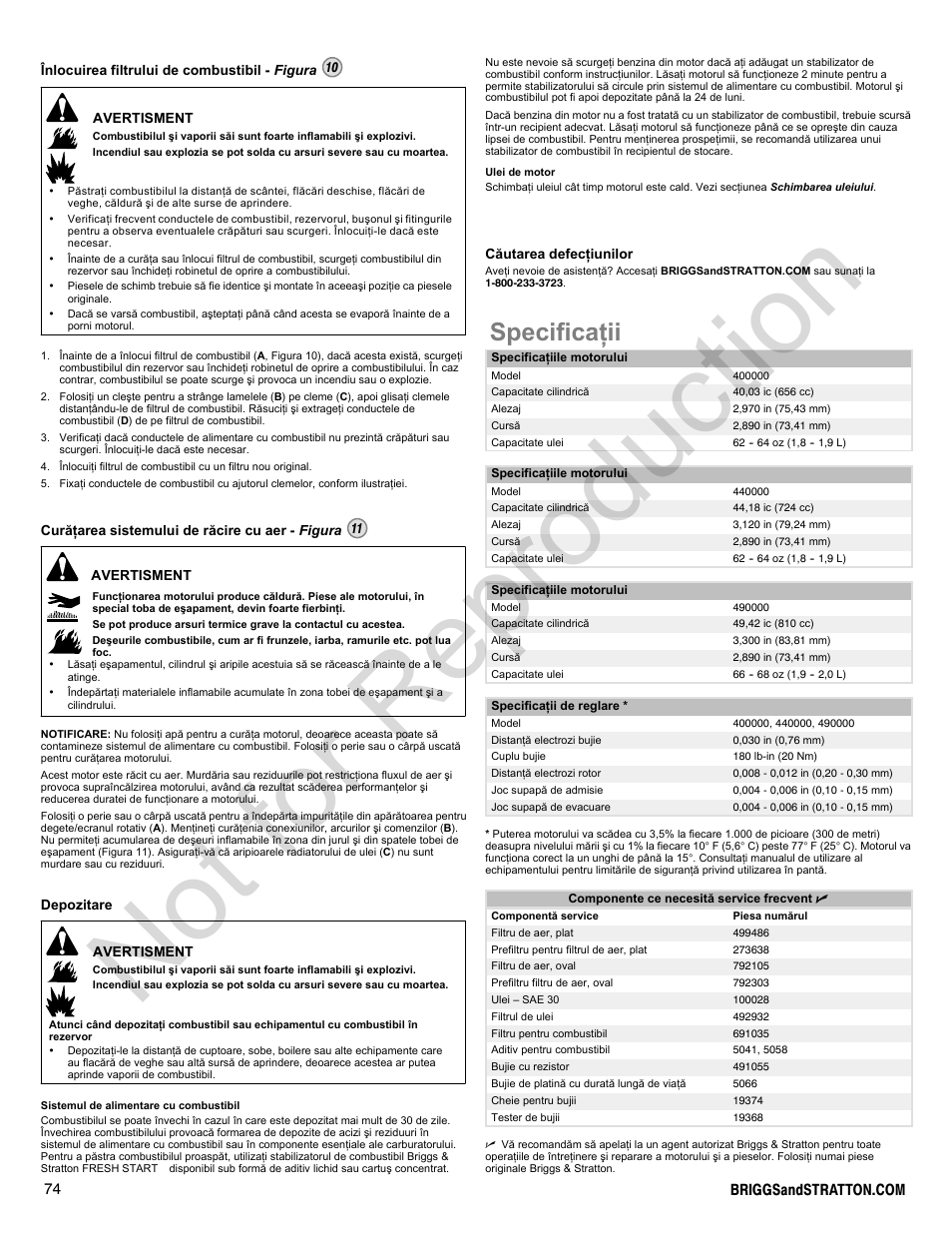 Not for reproduction, Specificaþii | Briggs & Stratton 400000 User Manual | Page 74 / 92