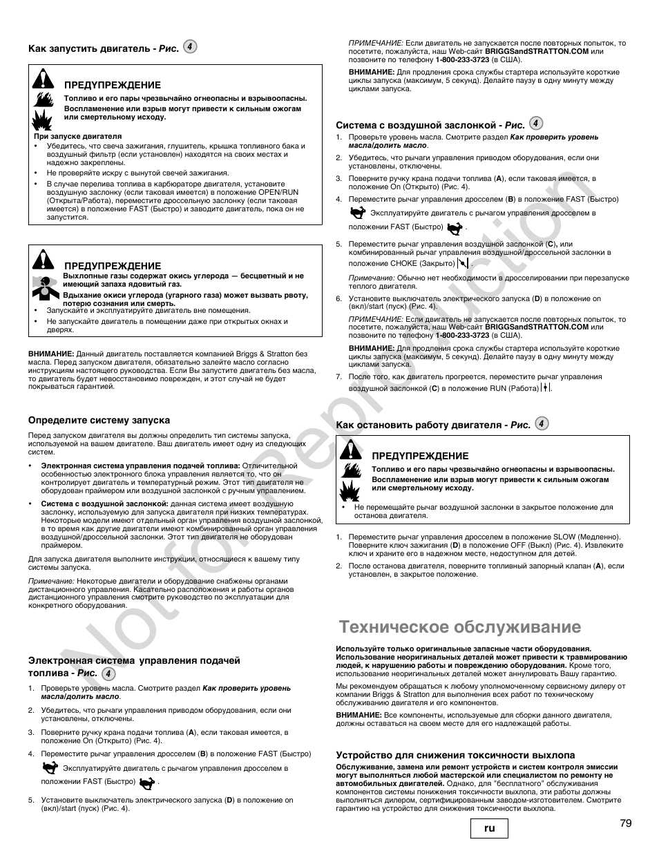 Not for reproduction, Техническое обслуживание | Briggs & Stratton 400000 User Manual | Page 79 / 92