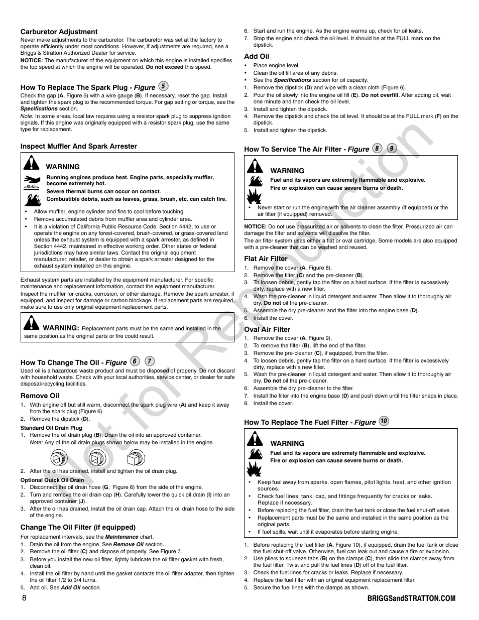 Not for reproduction | Briggs & Stratton 400000 User Manual | Page 8 / 92