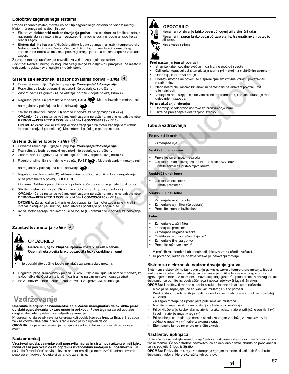 Not for reproduction, Vzdrževanje, 87 sl | Briggs & Stratton 400000 User Manual | Page 87 / 92