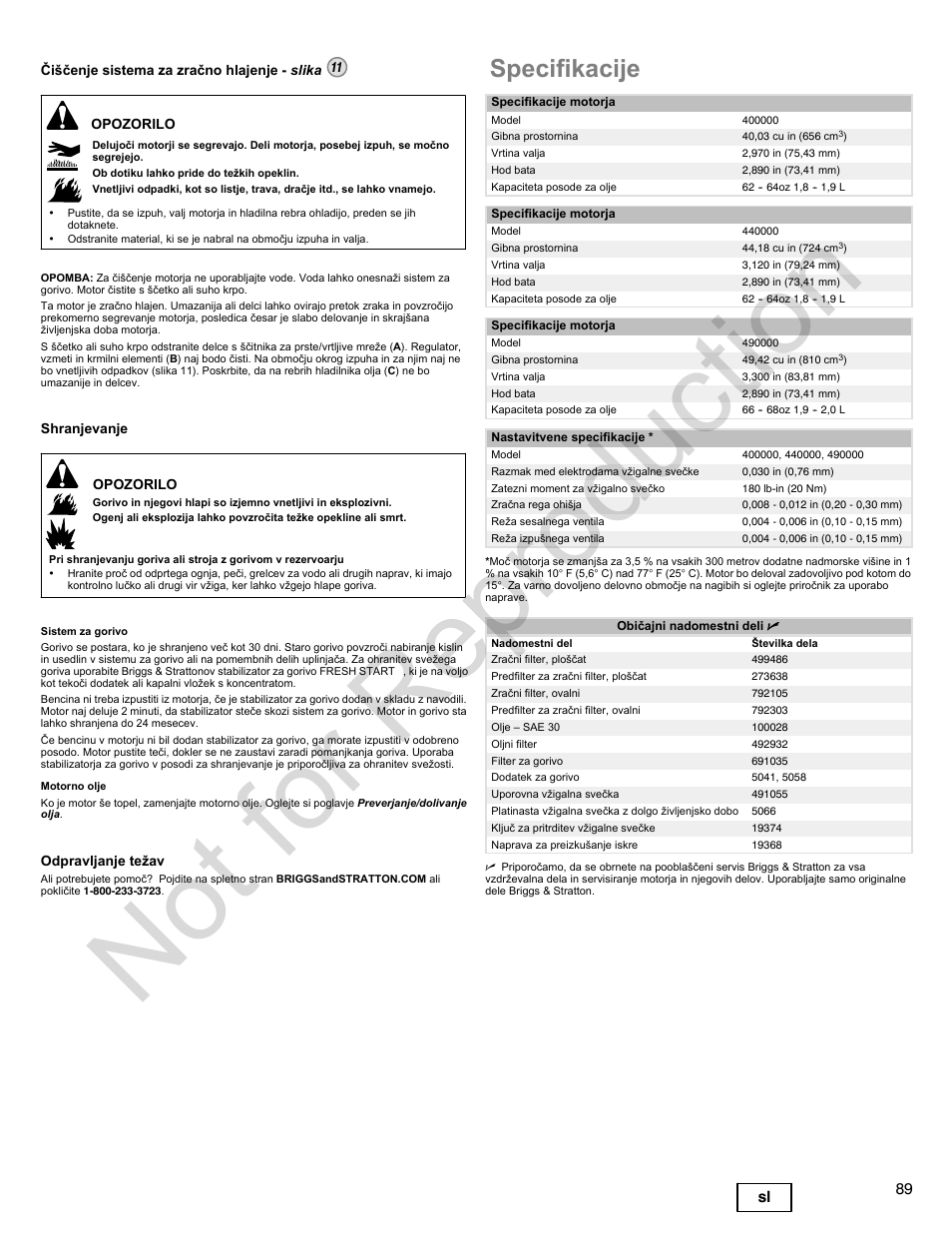 Not for reproduction, Specifikacije, 89 sl | Briggs & Stratton 400000 User Manual | Page 89 / 92