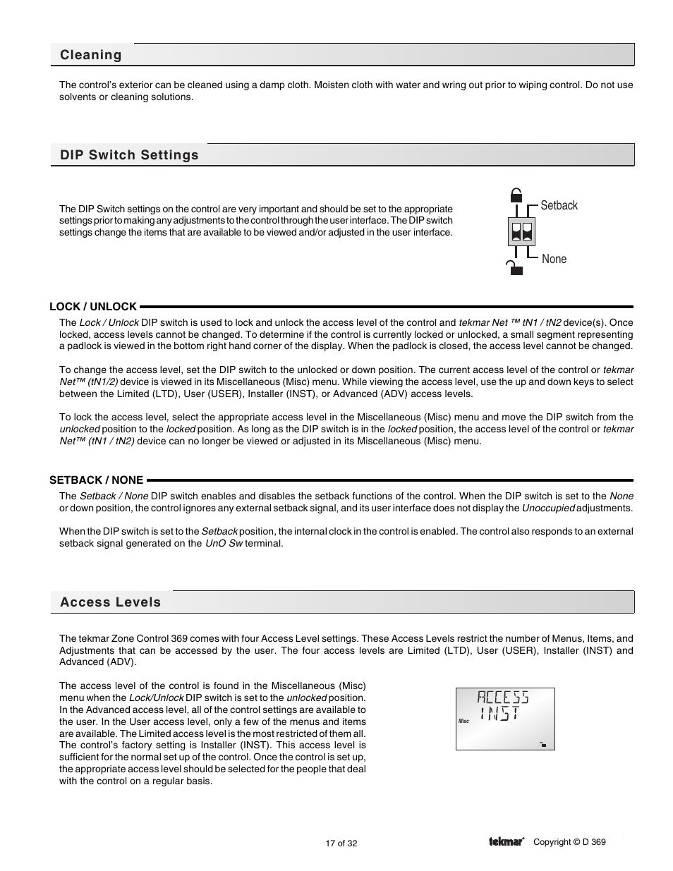 Cleaning, Dip switch settings, Access levels | tekmar 369 Zone Control Installation User Manual | Page 17 / 32