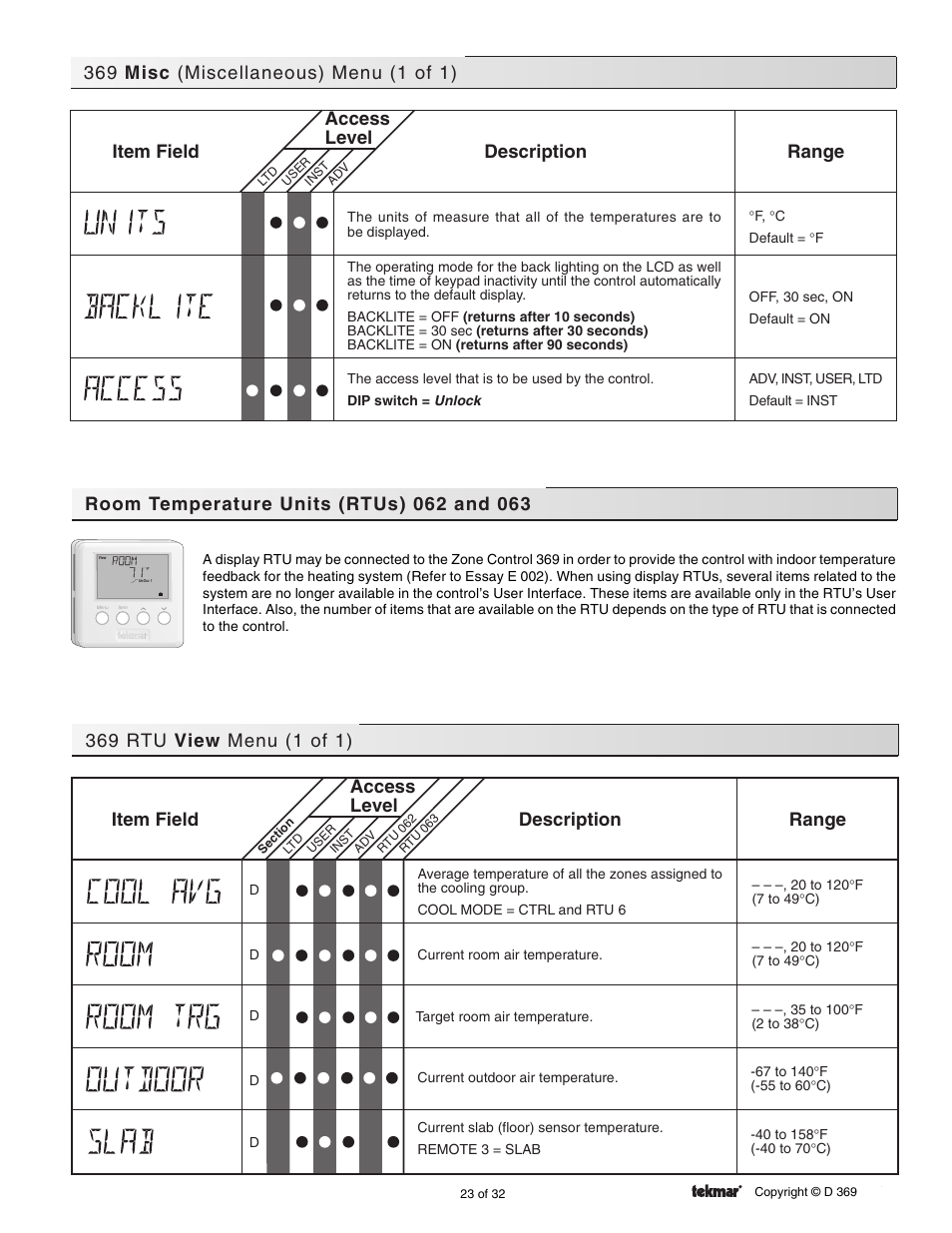 Misc. menu, Rtu 062 and 063, Range access level description item field | tekmar 369 Zone Control Installation User Manual | Page 23 / 32