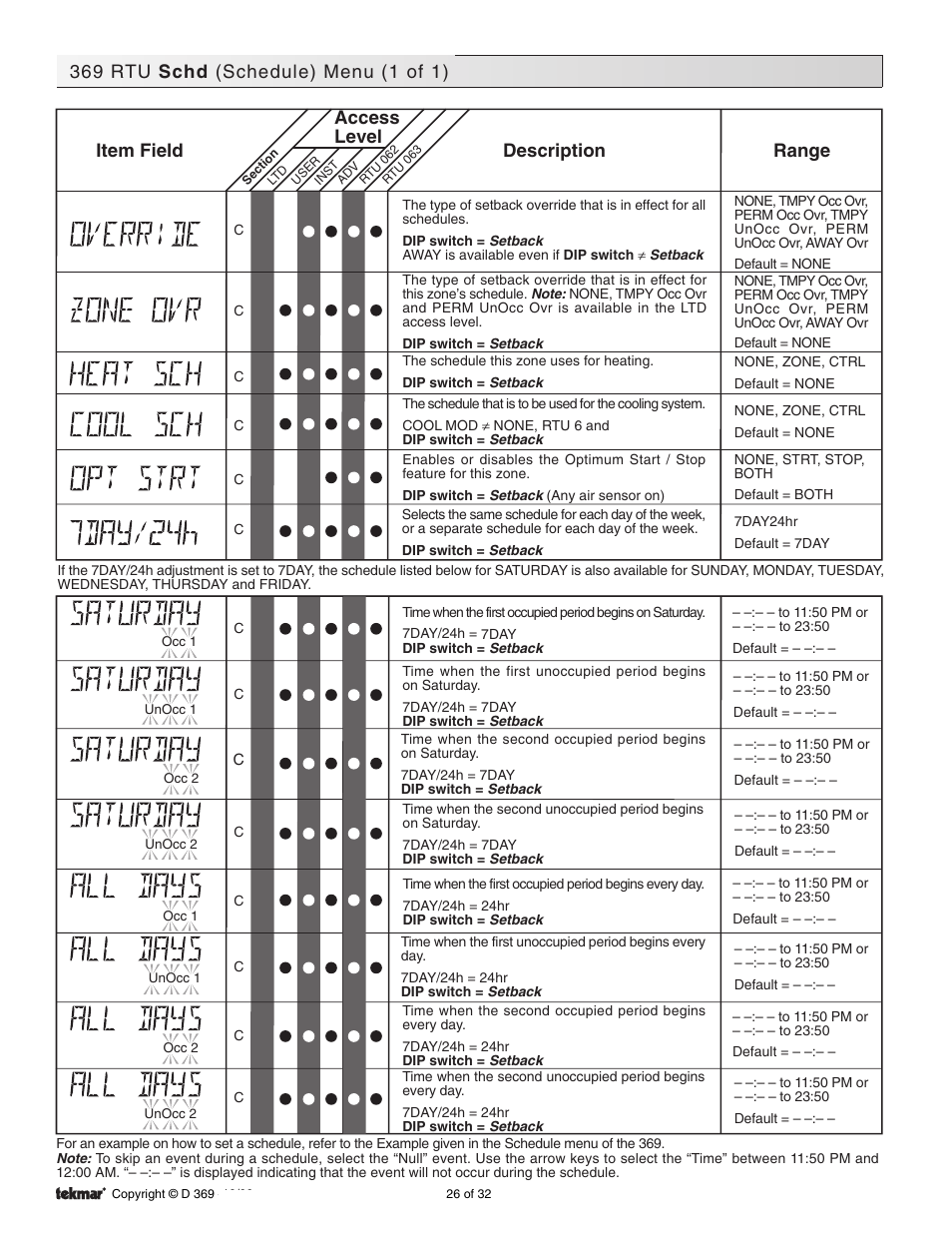 Range access level description item field | tekmar 369 Zone Control Installation User Manual | Page 26 / 32