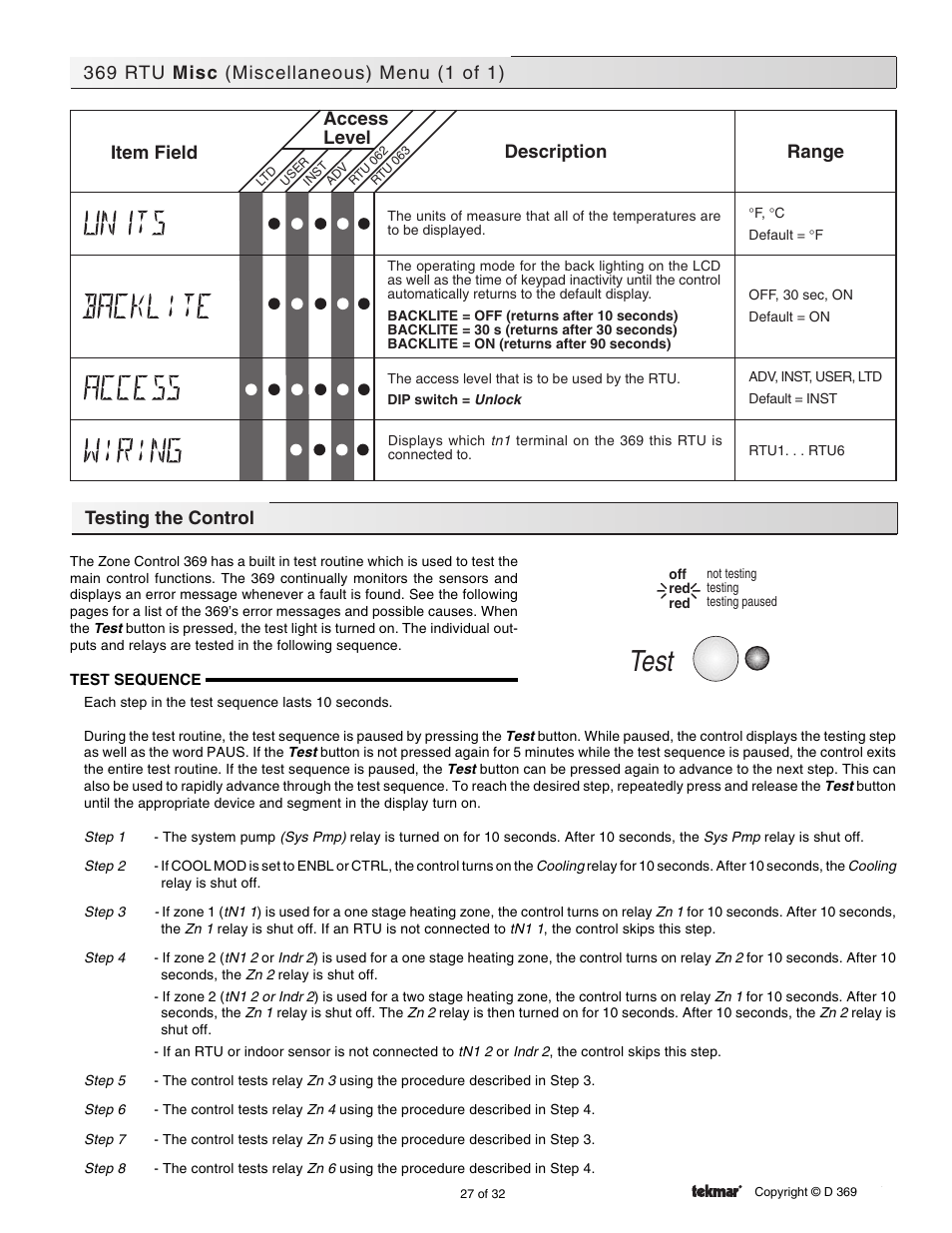 Testing the control, Test, Range access level description item field | tekmar 369 Zone Control Installation User Manual | Page 27 / 32