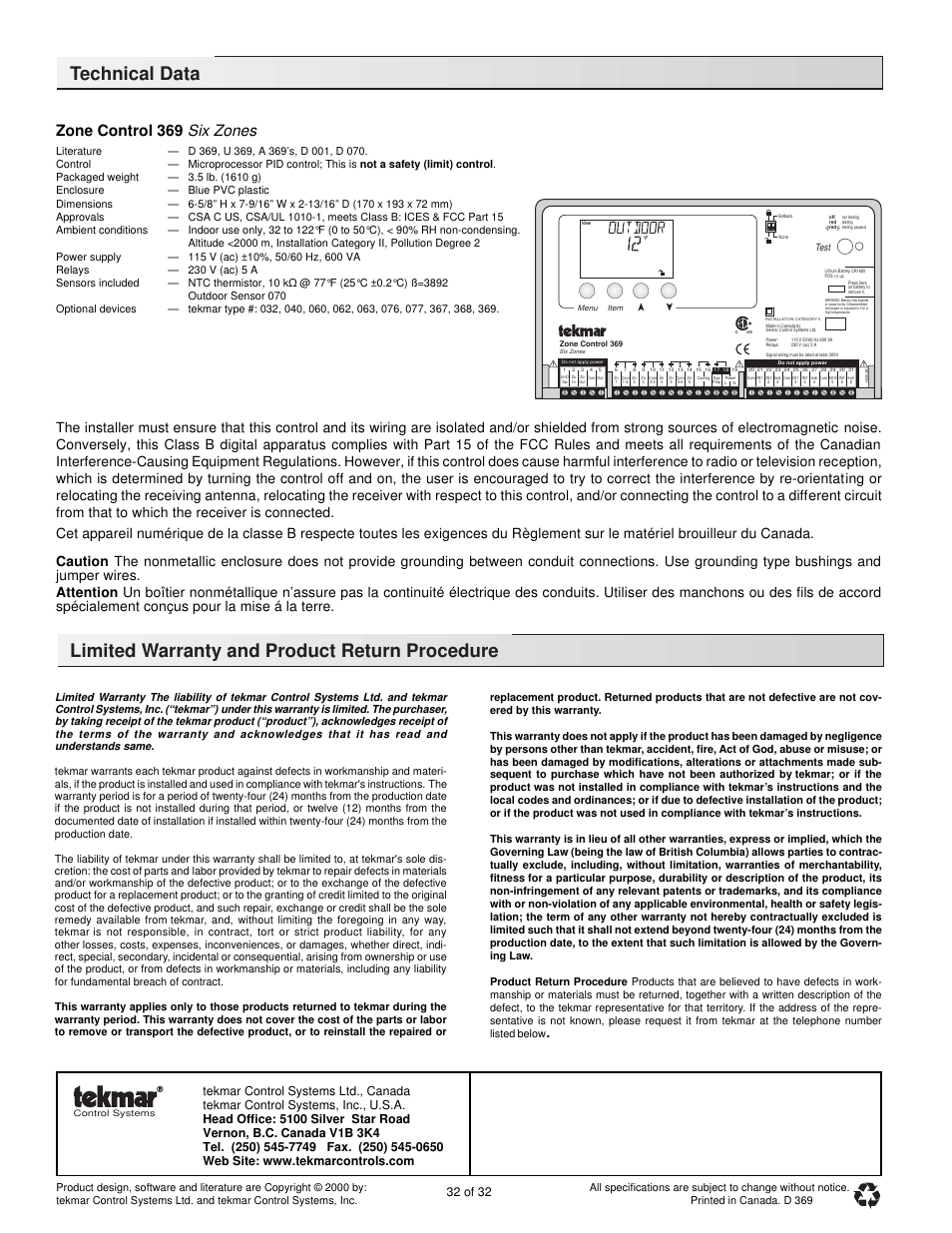 Technical data, Limited warranty and product return procedure, Zone control 369 six zones | 32 of 32 | tekmar 369 Zone Control Installation User Manual | Page 32 / 32