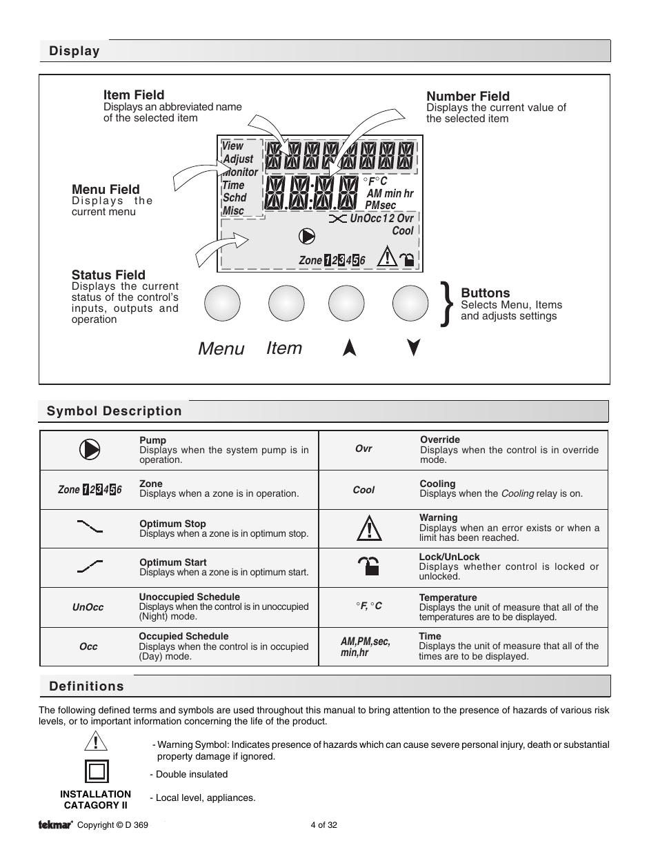 Display, Symbol description, Definitions | Menu item | tekmar 369 Zone Control Installation User Manual | Page 4 / 32