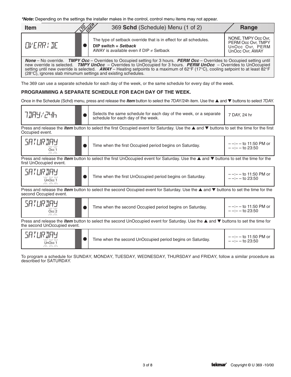 Schd (schedule) menus, Range item | tekmar 369 Zone Control User Manuals User Manual | Page 3 / 8