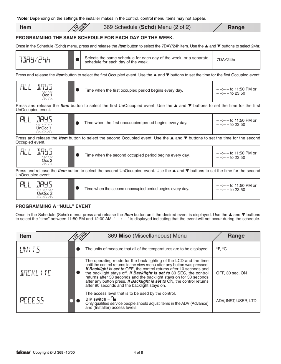 Misc. menu | tekmar 369 Zone Control User Manuals User Manual | Page 4 / 8