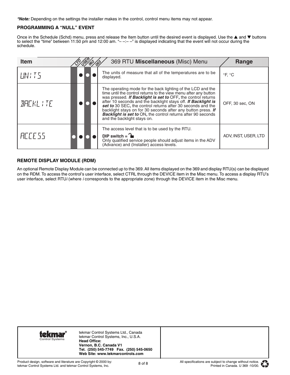 Remote display module - rdm, Rtu - misc menu, 369 rtu miscellaneous (misc) menu range item | tekmar 369 Zone Control User Manuals User Manual | Page 8 / 8