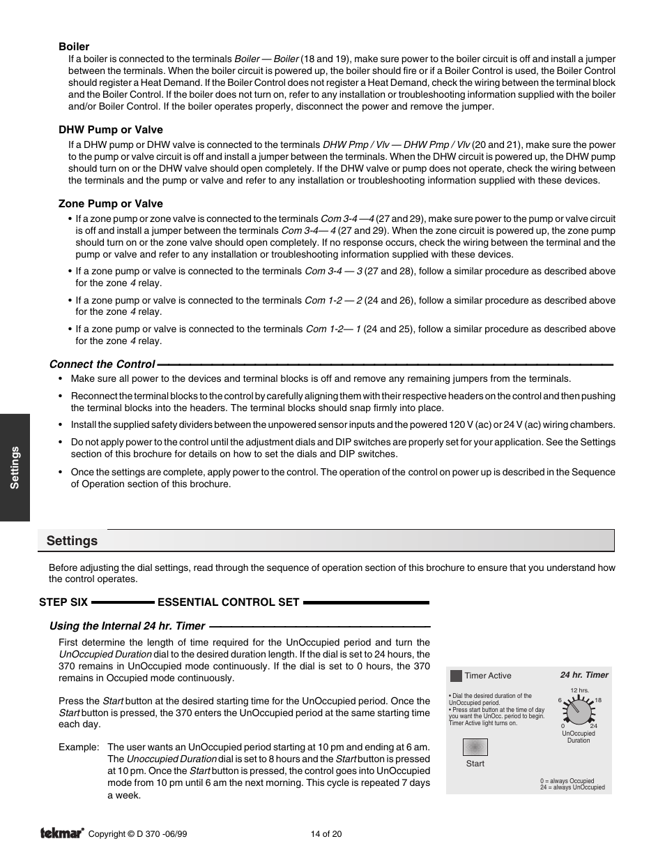 Settings | tekmar 370 House Control User Manual | Page 14 / 20