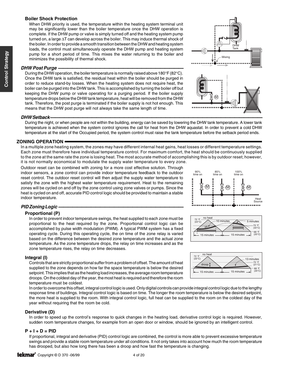 Boiler shock protection, Dhw post purge, Dhw setback | Zoning operation, Integral (i), Derivative (d), P + i + d = pid, Control strategy | tekmar 370 House Control User Manual | Page 4 / 20