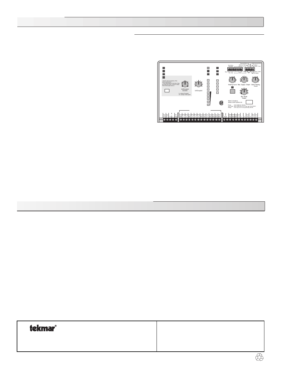 Technical data, Limited warranty and product return procedure, House control 371 five zones, dhw, boiler & mixing | Timer, Unocc. duration, Unoccupied, Heating curve, Boiler heating curve, Min. boiler supply, 24 hour, 1 event / day, 3 minute backup | tekmar 371 House Control User Manual | Page 20 / 20