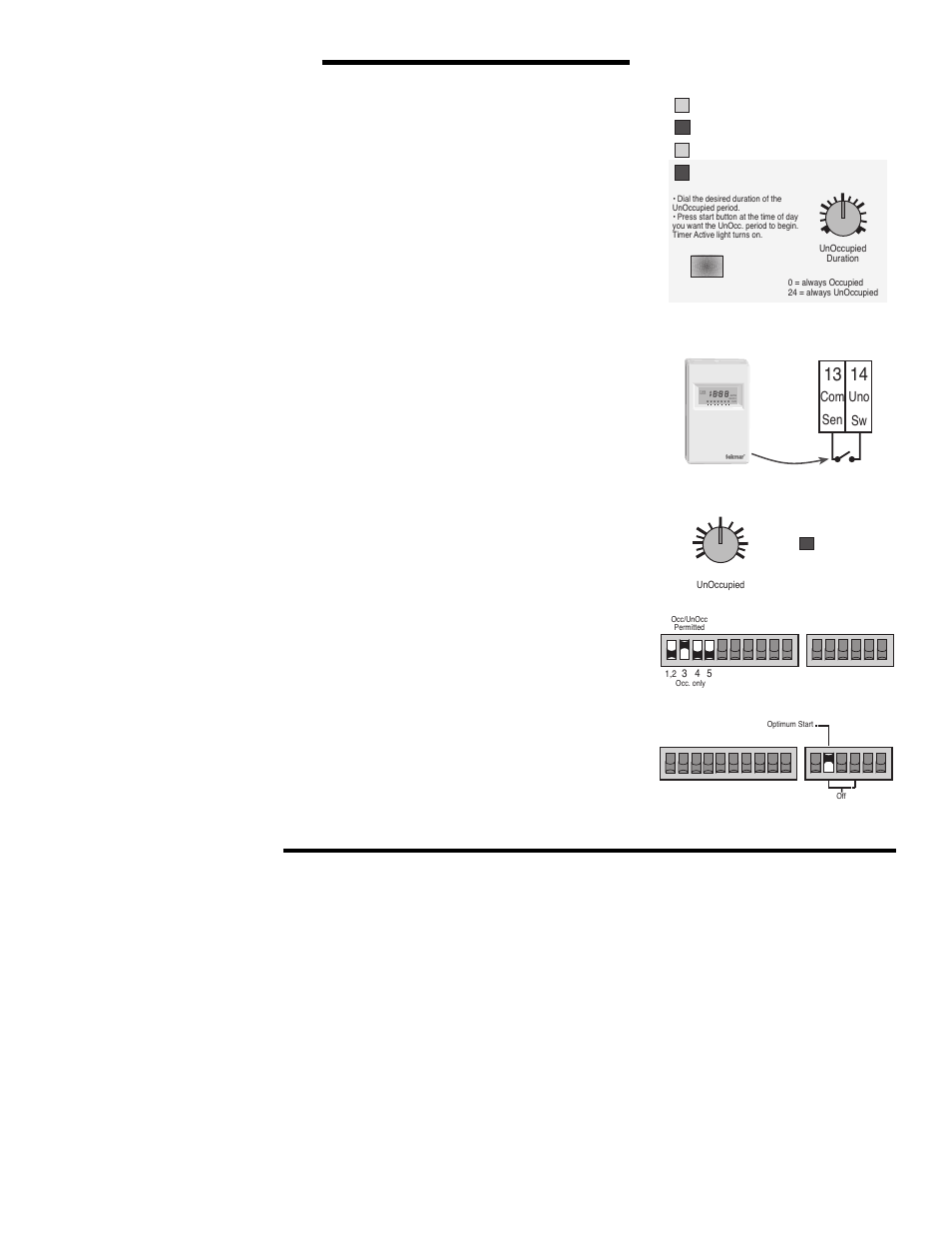 Unoccupied (night setback), Timer, 24 hr, Unoccupied switch input | Unoccupied temperature, Individual zone selection, Optimum start / stop, System pump operation, Integrated exercising | tekmar 371 House Control User Manual | Page 9 / 20