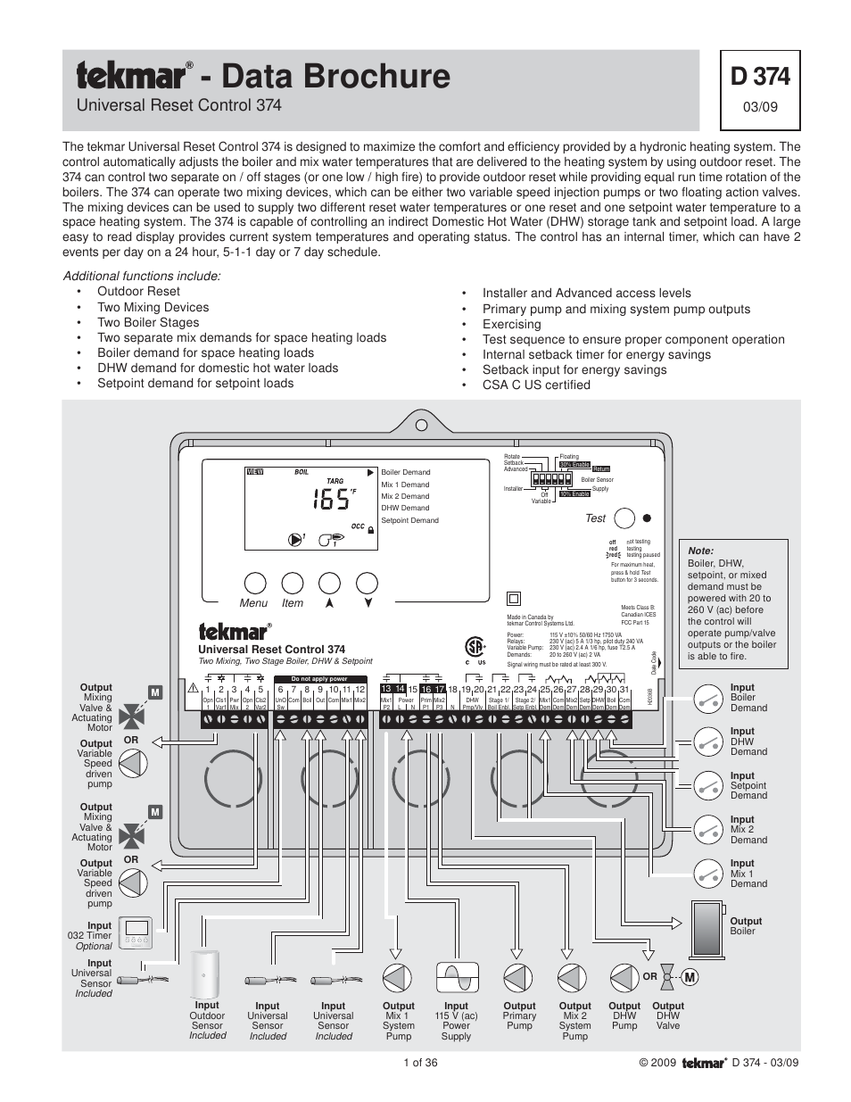 tekmar 374 Universal Reset Control User Manual | 36 pages