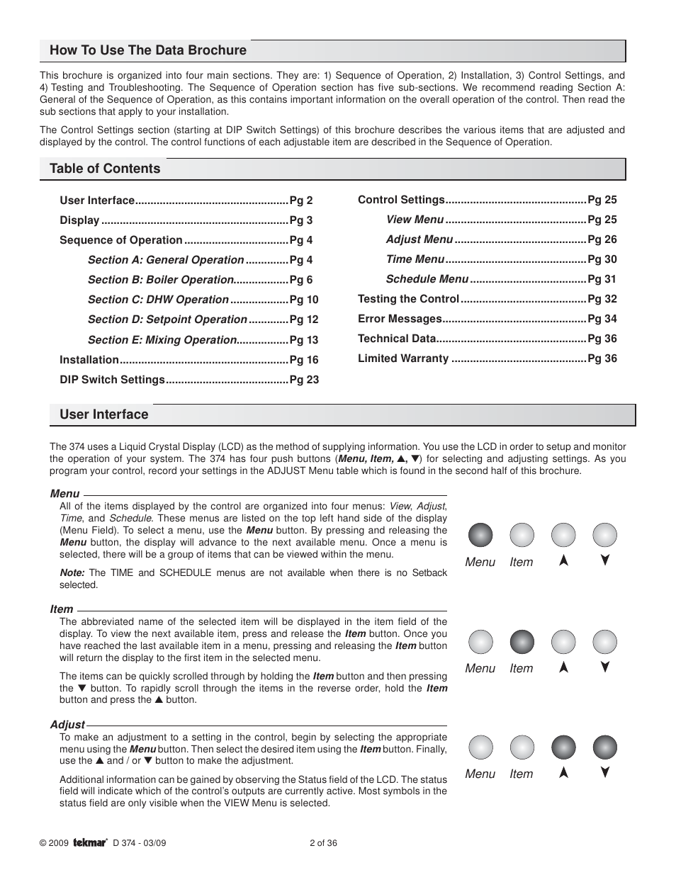 tekmar 374 Universal Reset Control User Manual | Page 2 / 36