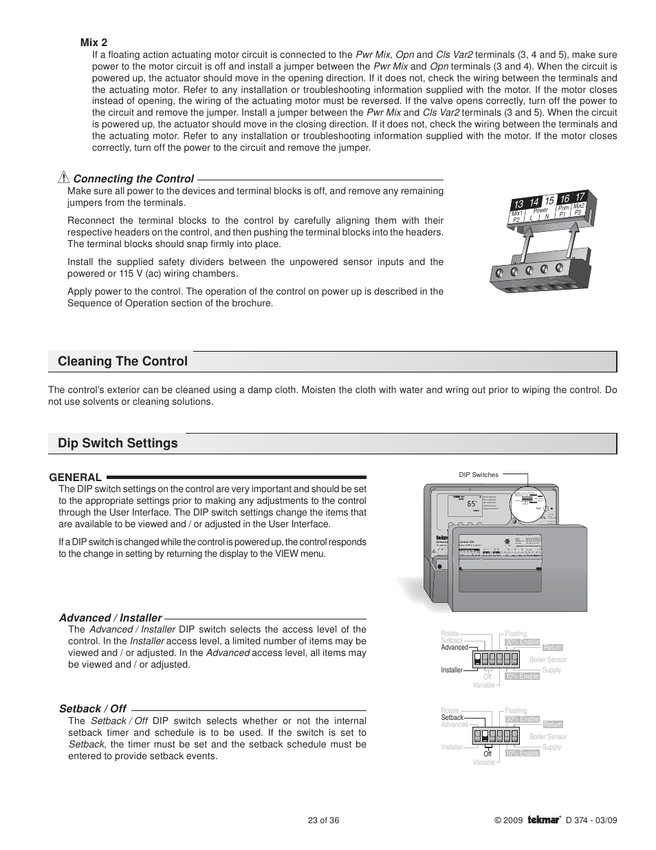 Cleaning the control dip switch settings, General, Advanced / installer | Setback / off, Mix 2, Connecting the control | tekmar 374 Universal Reset Control User Manual | Page 23 / 36