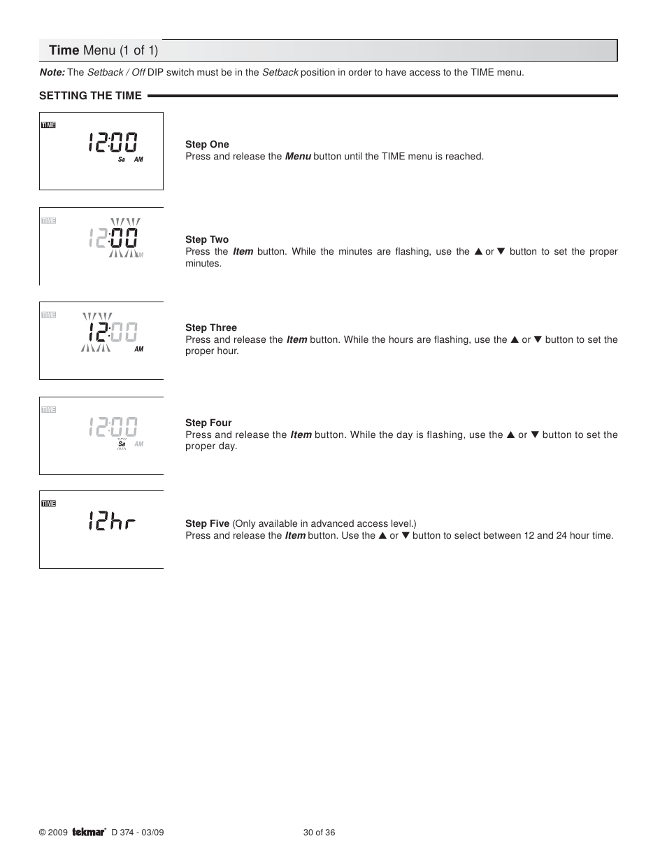 Time menu (1 of 1) | tekmar 374 Universal Reset Control User Manual | Page 30 / 36
