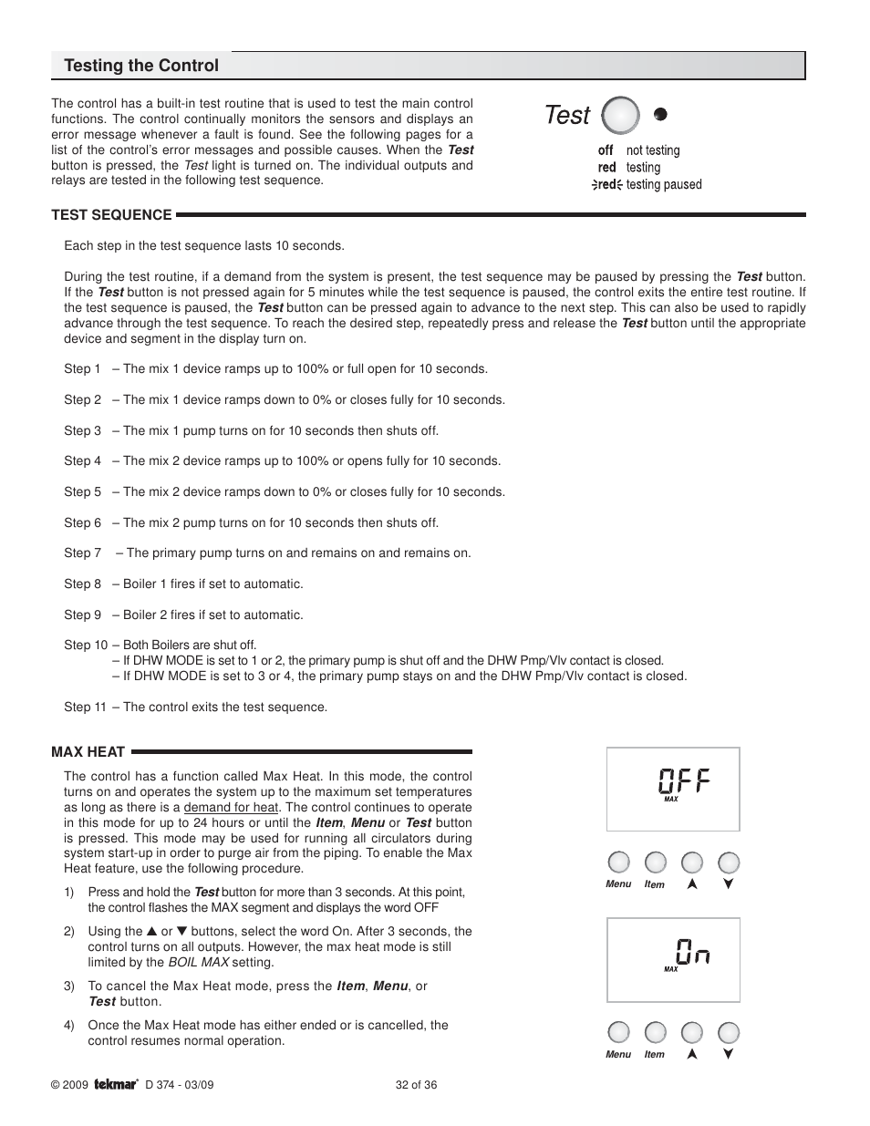 Testing the control | tekmar 374 Universal Reset Control User Manual | Page 32 / 36